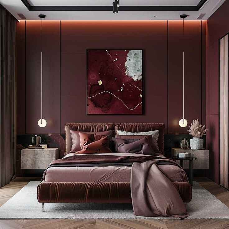 Bordo tonlarında sıcak ve modern sığınak konsepti