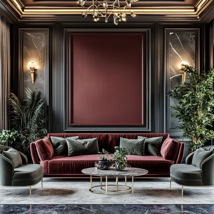 Modern salon oturma grubu – bordo ve mermer uyumu