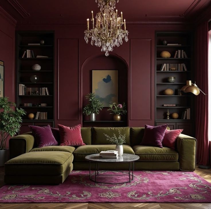 Yeşil ve bordo uyumuyla modern iç mekân tasarımı